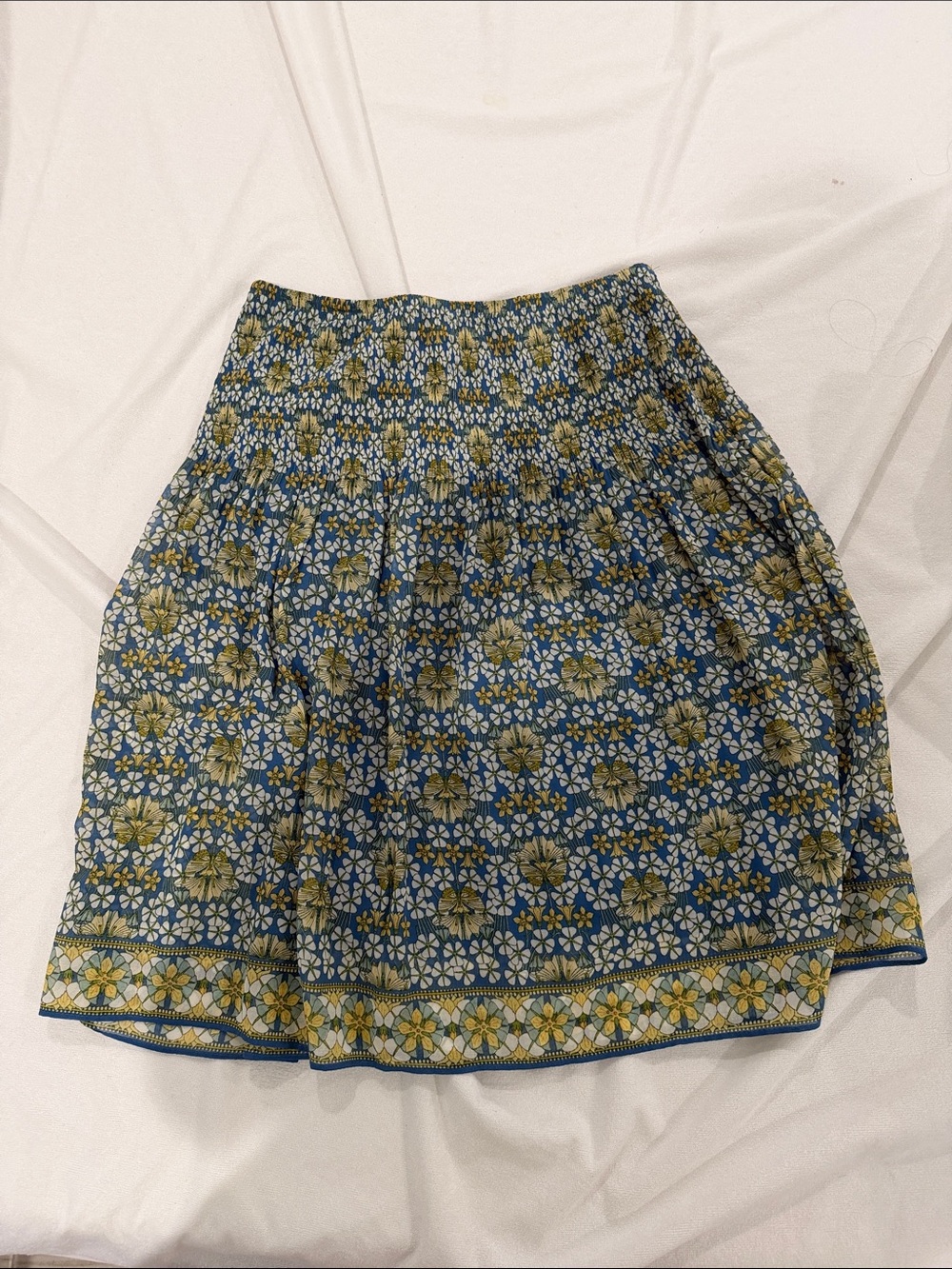 Max Studio Blue Floral Smocked Mini Skirt with Yellow Accents